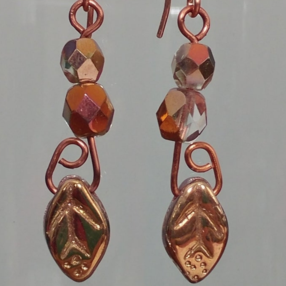 Copper & Clear Glass Leaf Handmade Earrings